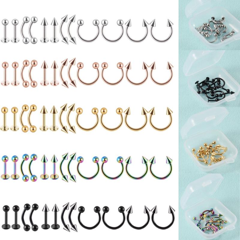 Set 12 Bucăți Oțel Chirurgical Culoare Argintie Placat cu Aur Negru Curcubeu Set Bijuterii de Piercing de Bază pentru Ureche Nas Sprânceană Labret 8Mm