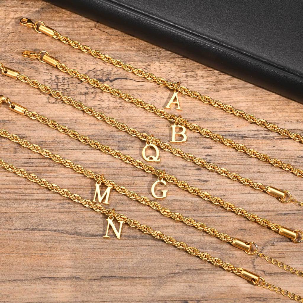 Initials Rope Chain Bracelets for Men Boys,Alphabet A-Z 26 Letters Stainless Steel Chain Link Wristband,Character Jewelry Gifts