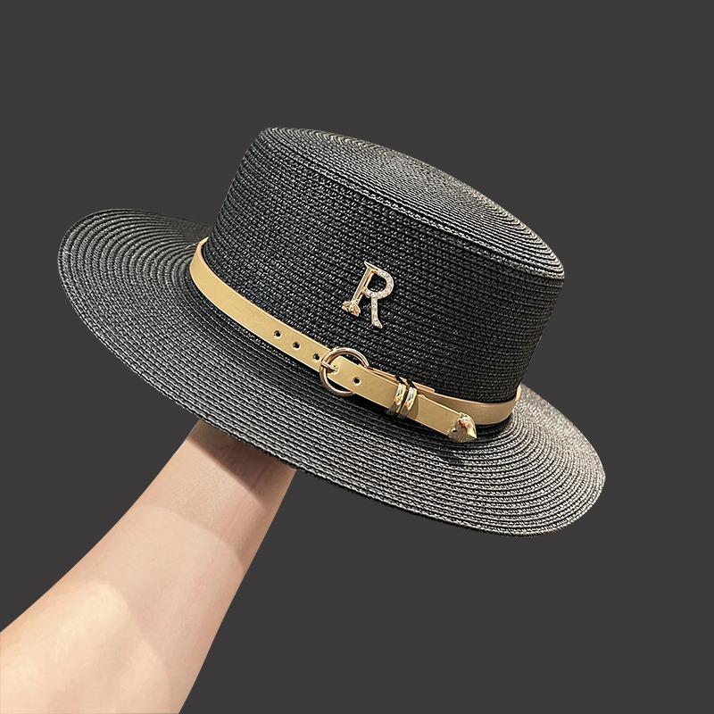 Straw Hat Women's Summer Vacation Seaside Rhinestone Letter R Belt Personalized British Retro Flat-top Sunshade Hat
