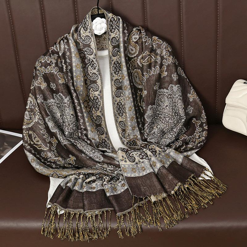 Spring And Autumn Plant Flower Scarf Versatile Jacquard Imitation Cashmere Feel Scarf Elegant Sunscreen Shawl Women
