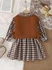 Mädchen Europäischer & Amerikanischer Stil Kleinkind Kaffee Weste + Kariertes Langarmkleid Set