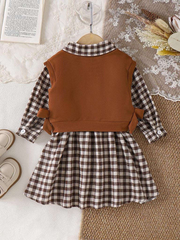 Mädchen Europäischer & Amerikanischer Stil Kleinkind Kaffee Weste + Kariertes Langarmkleid Set