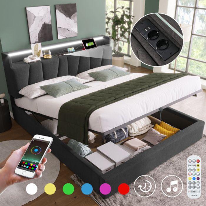 Lit Double - MUVOE - 160x200 Cm - Tête De Lit Avec USB - Éclairage LED RGBW - Rangement Intégré