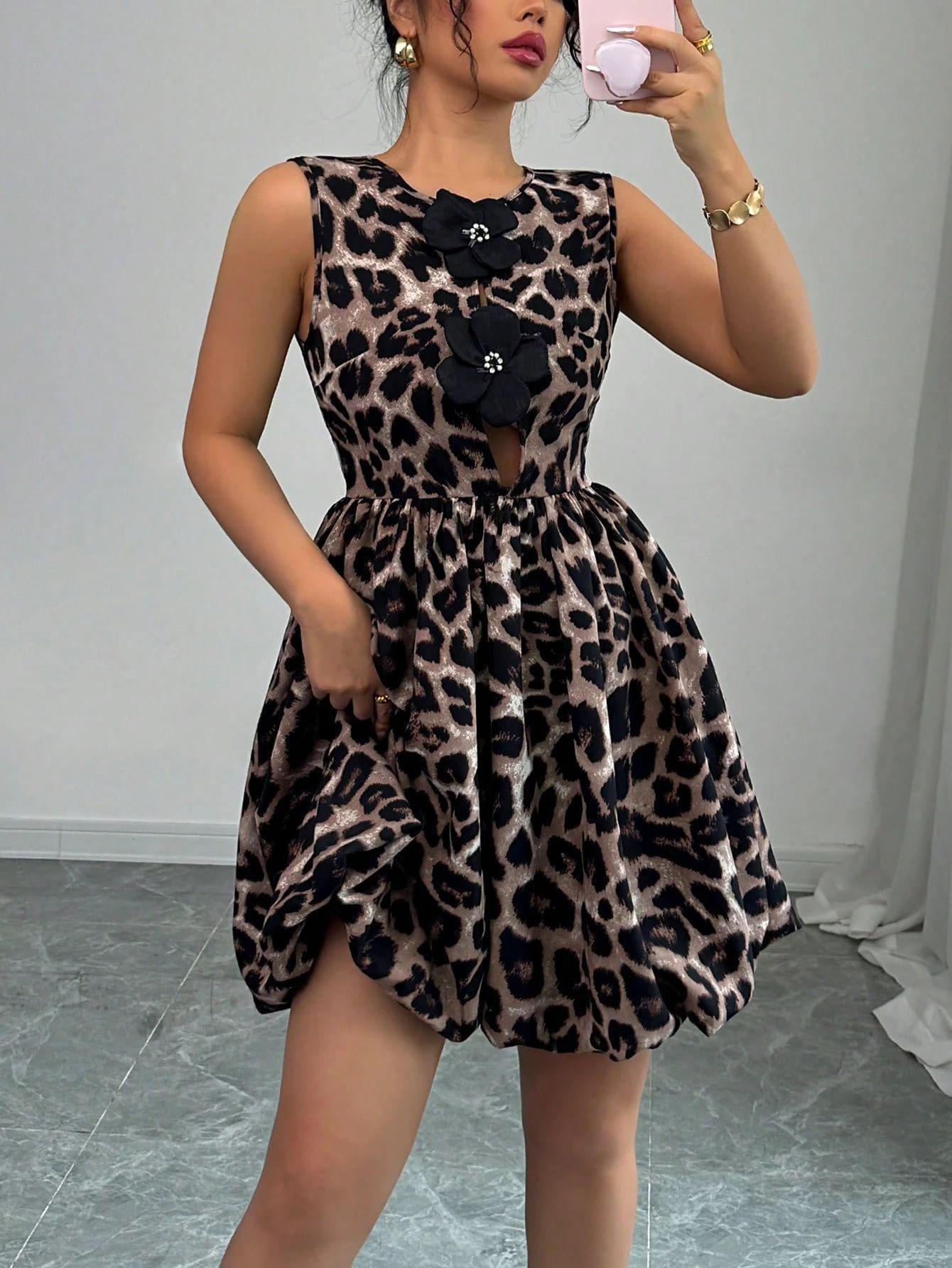 

European and American new women s leopard print three-dimensional flower decorative dress summer women S темно-коричневого