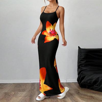 Vintage Floral Printed Sleeveless Suspender Dress Summer Female Beach Party Sling Dress Women's Fashion O-neck Slim Maxi Dresses
