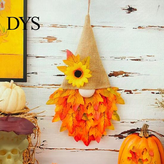 Artificial Fall Harvest Wreath Autumn Gnome Maple Leaf with LED Lights, Rustic Pointed Hat Thanksgiving Decorative Door Hanging, Farmhouse Front Home