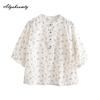 Japanese Mori Girl Summer Women White Sweet Top O Neck Floral Print Casual Loose Blouse Cotton Elegant  Half SleeveLadies' Shirt