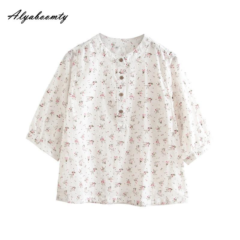 Japanese Mori Girl Summer Women White Sweet Top O Neck Floral Print Casual Loose Blouse Cotton Elegant Half SleeveLadies' Shirt