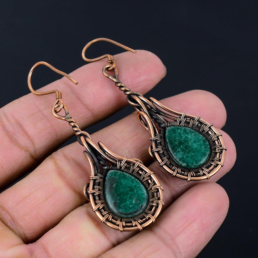 Emerald Lab-Created Gemstone Handmade Pure Copper Wire Wrapped Earrings Jewelry