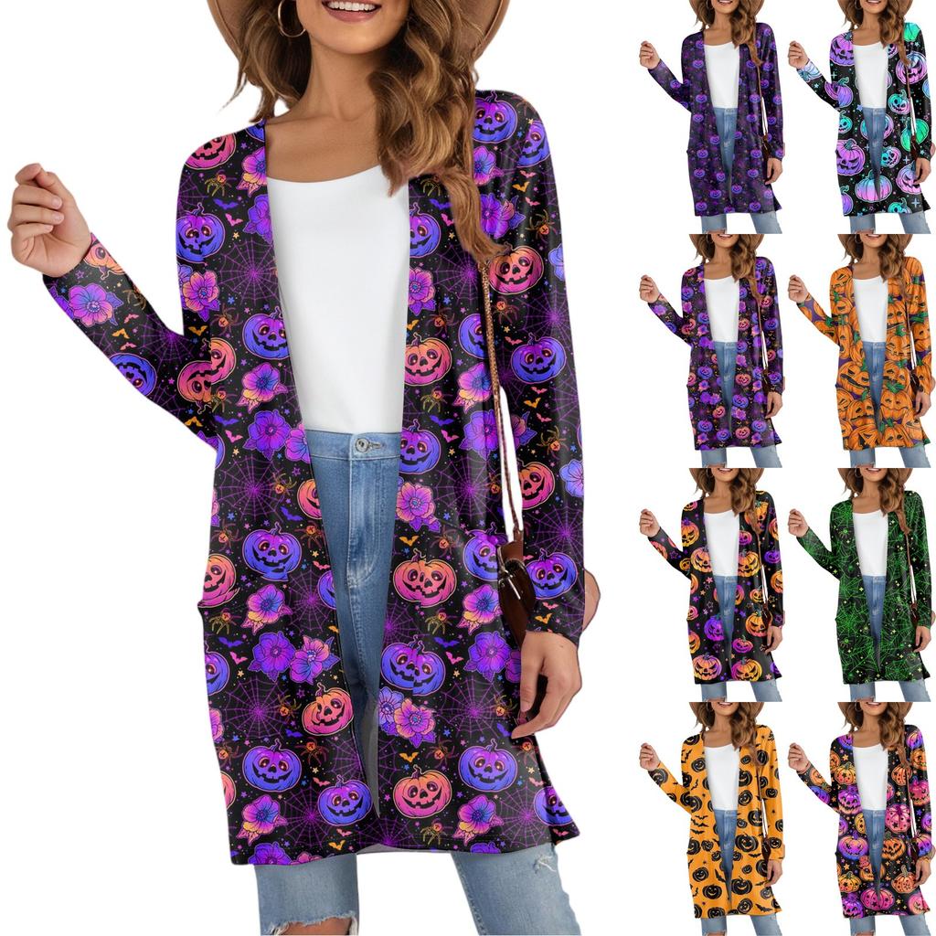 Women's Fashion Casual Comfortable Halloween Printed Mid-Length Cardigan With Pockets Jacket