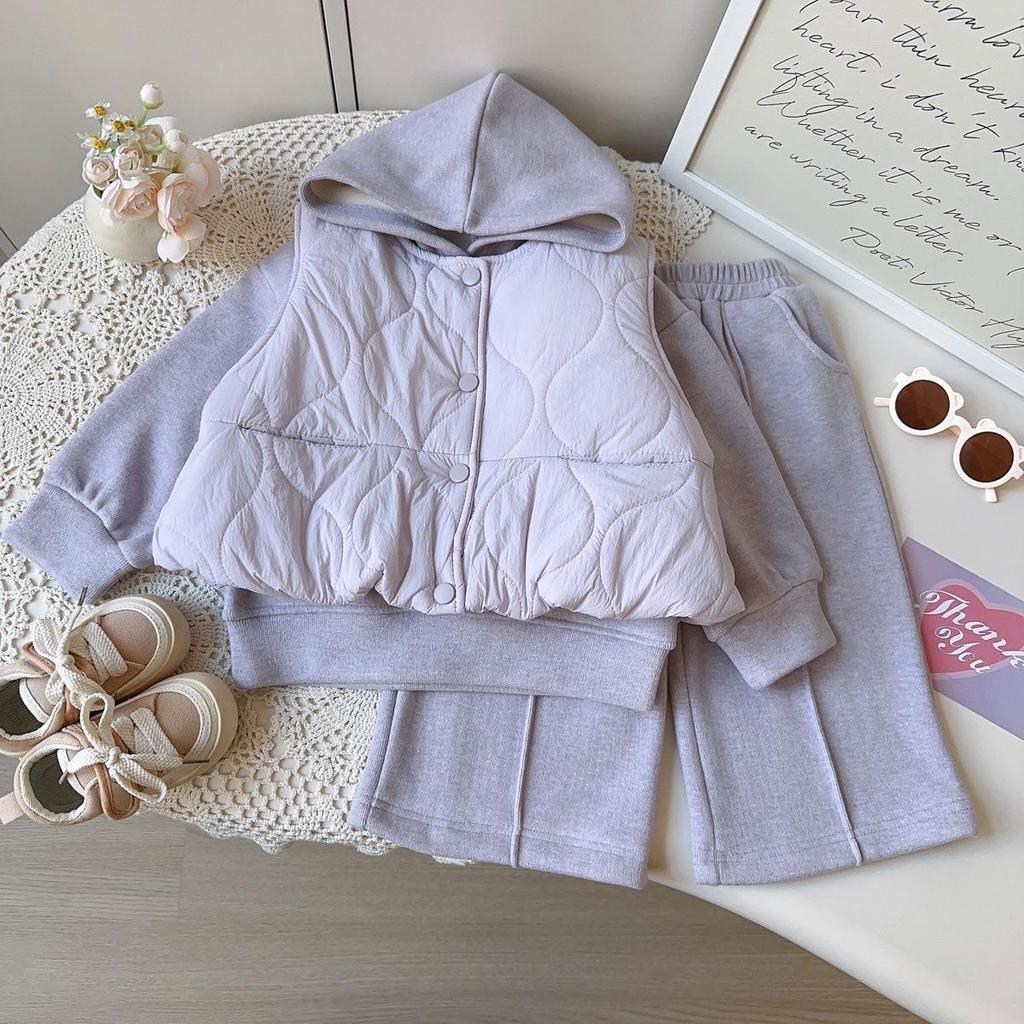 New Winter Girls' Casual Three-Piece Set: Hooded Vest, Sweatshirt, and Long Pants (AWB107)