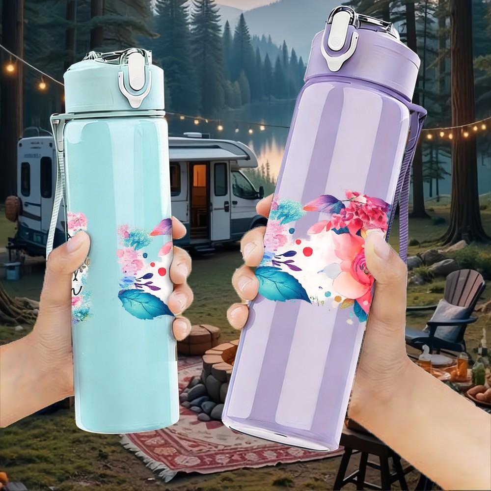 1PC Boho Mixed Flower Bouquet Print 750ml Color Plastic Sports Water Bottle Leakproof Flip Straw Lid Suitable for Sports Office Home Use
