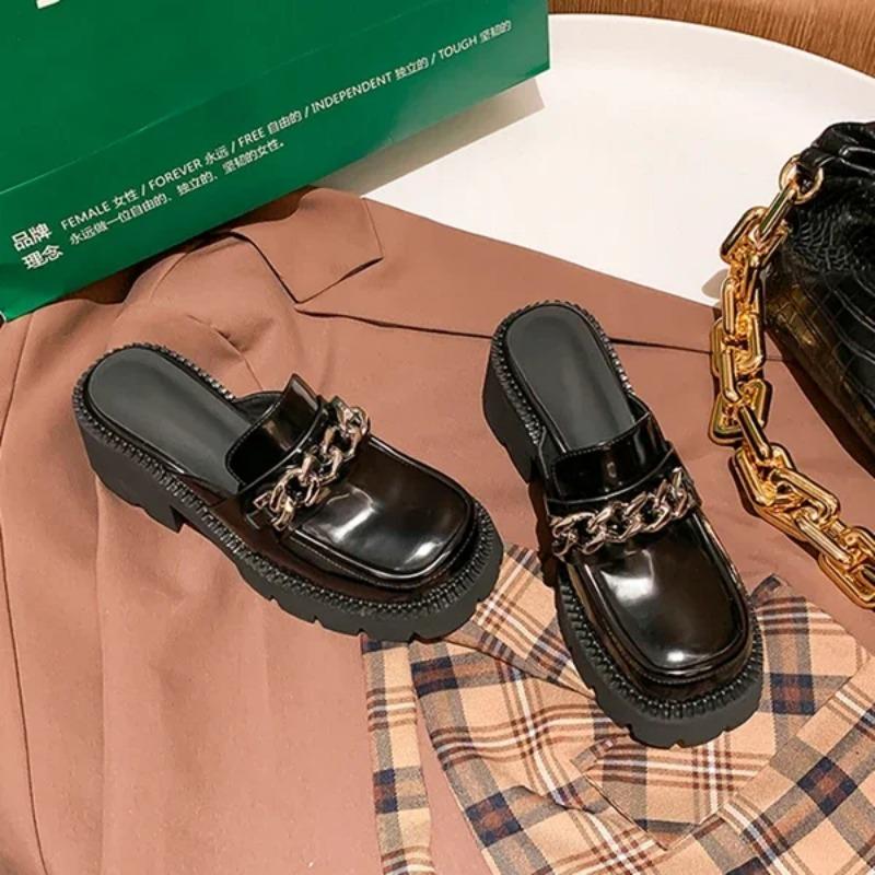 Fashion Women's Elevated Platform House Slippers Female Slides Shoes Square heel Mules Fashion Loafers Med Cover Toe Heels Luxury Fabric