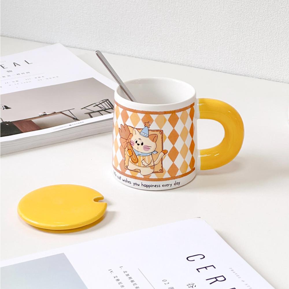 Cartoon-Becher mit Deckel Keramik Haushalts-Trinkbecher Büro Milchbecher Kaffeetasse Weißporzellan kreativ