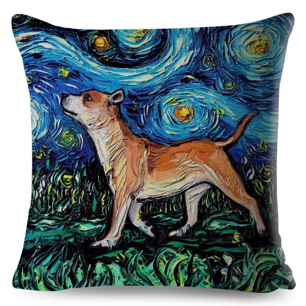 Both Sided Starry Sky Dog Cushion Cover Decor Oil Painting Cartoon Pet Animal Pillow Case for Sofa Home  Linen Pillowcase