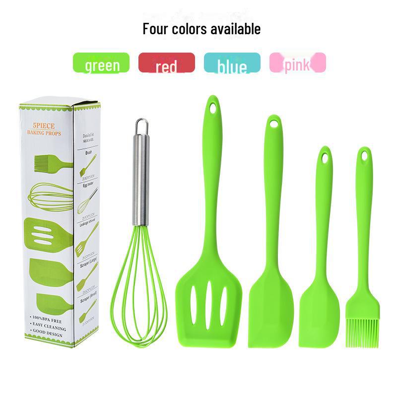 Five-Piece Silicone Kitchen Tool Set: Egg Beater, Scraper, Steak Frying Spatula, and Drain Spatula. Ideal for Baking and Cooking.