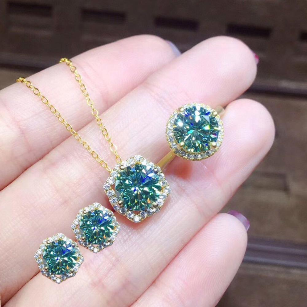 3Ct High Carbon Diamond PT950 Plated Blue Green Moissanite Pendant Women Jewelry Set