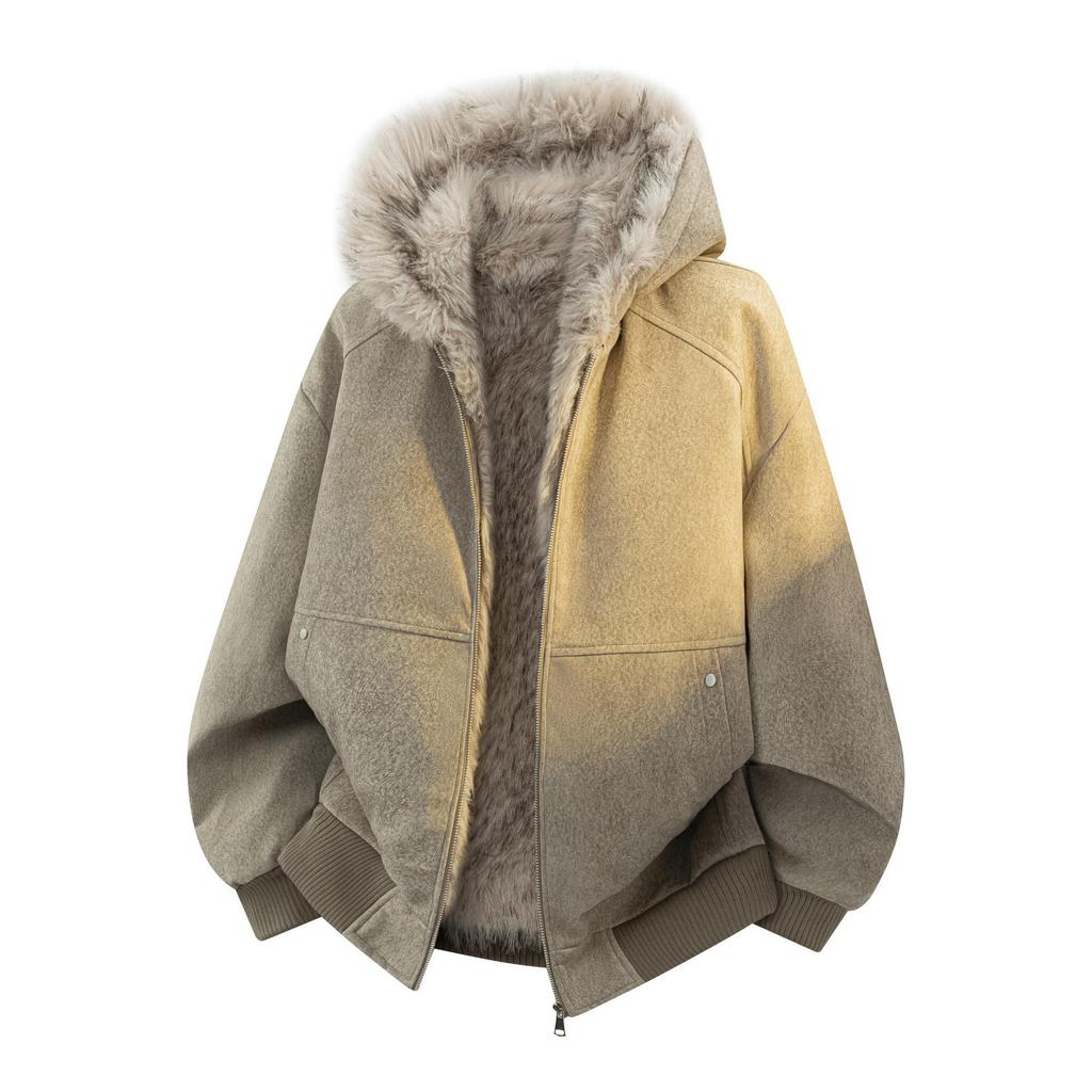 Unisex American Style Mountain Eagle Fur Collar Hooded Winter Coat - Thick Velvet Lined for Warmth and Cold Protection