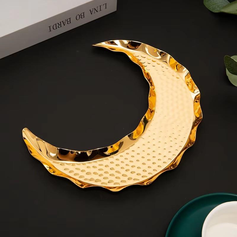 Gold Fruit Plate Moon Shape Ramadan Festival Alloy Candy Food Nut Fruit Storage Basket Wedding Home Desktop Tray Decoration