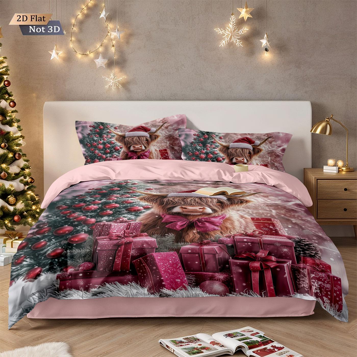 

3pcs Red Christmas Highland Cow Gift Print coreless Bedding Set Soft Dormitory Bedroom Multiple Sizes Machine Washable 135x200cm-EU-Single&set