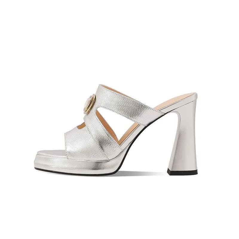 Mote 10cm Høy Hæl Elegant Plattform Slide Tøfler 2025 Sommer Mote Høy Kvalitet Ekte Skinn Damesko Damesko