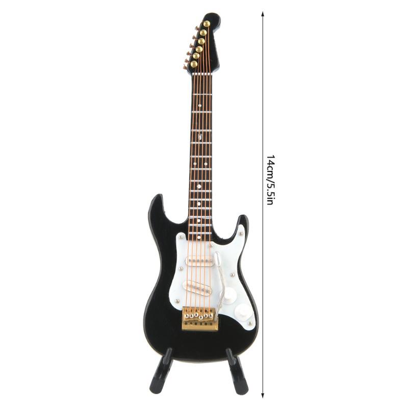 Delicate 14 Cm Mini Wooden Electric Guitar Model Ornaments Collection With Stand(Black)