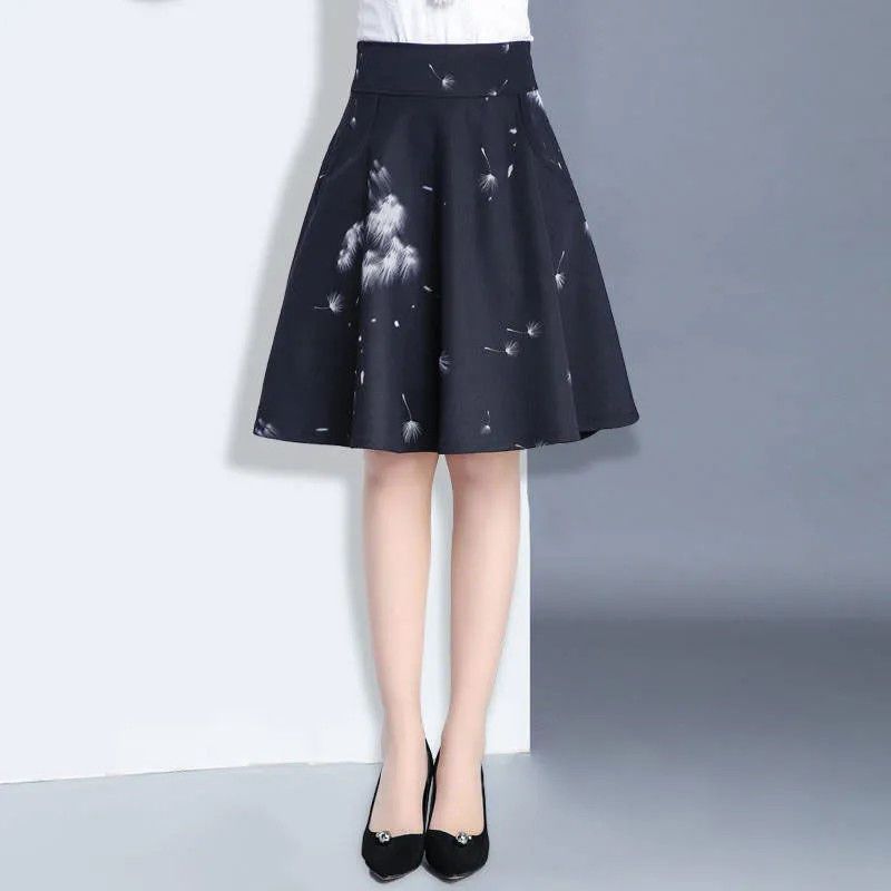 Summer New Print Half Length A-line Skirt Women Patchwork Pockets Elastic High Waist Elastic Versatile Slim Fashion Loose Skirts