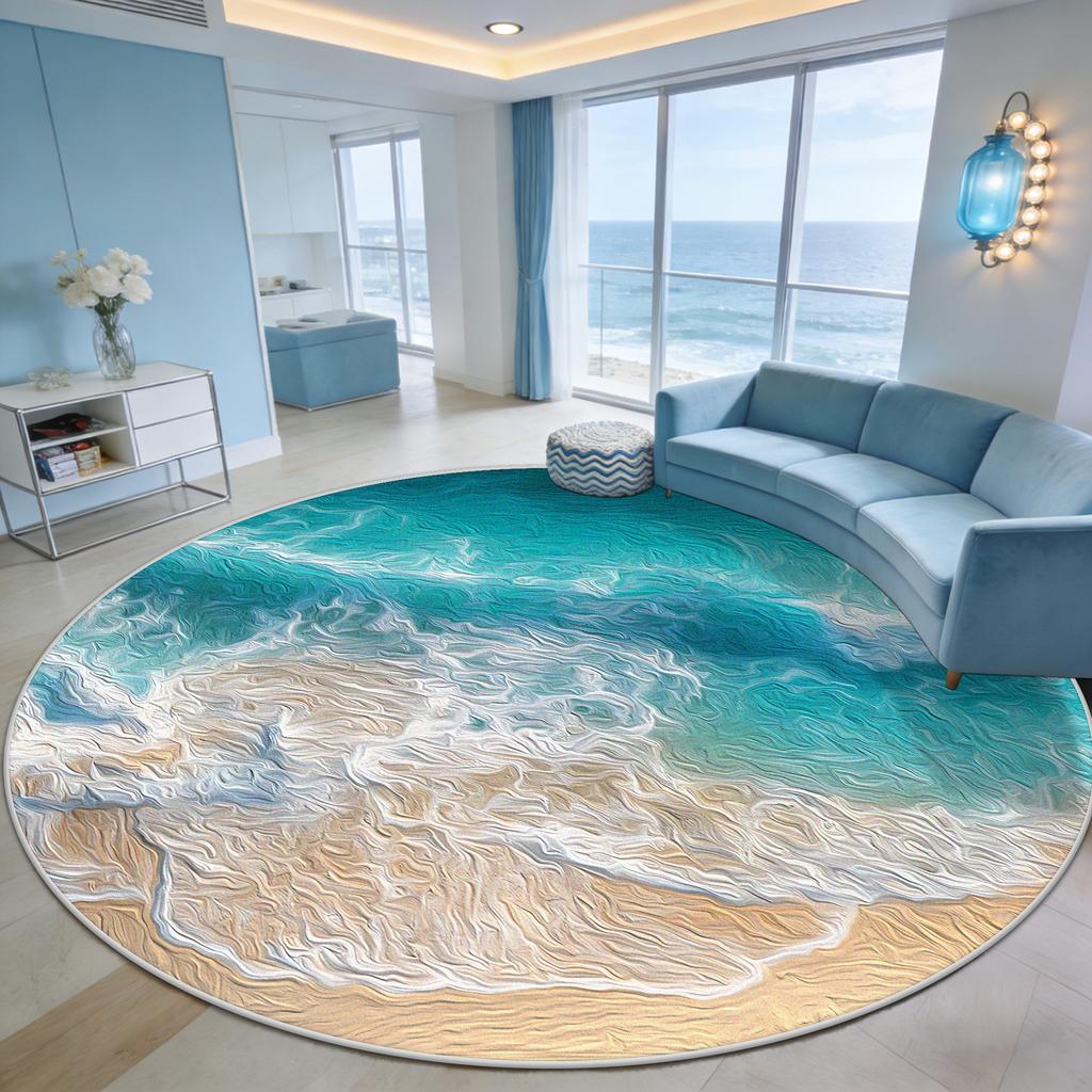 Immersive Wave Beach Round Carpet for Living Room Decoration Terrace Courtyard Antiskid Rug Easy Clean Fluffy Mat for Children