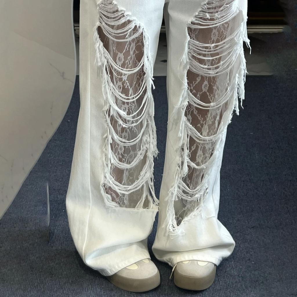 Sommer Weiße Distressed Straight-Leg Jeans für Damen - Lockeres Design-Forward Spitzen-Hollow-Panel Schlankmachende Vielseitige Weitbein-Hose