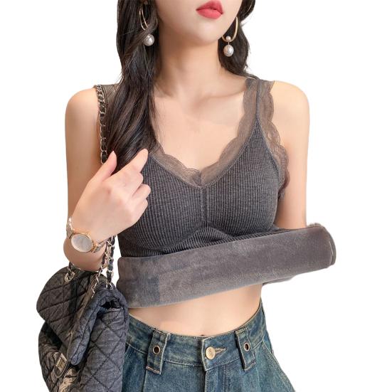 Women Vest V-Neck Sleeveless Padded Underwear Vest Solid Color Lace Trim Elastic Bottom Vest Winter Daily Wear