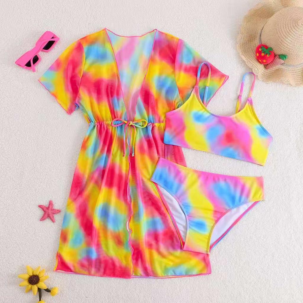 Girls Fashion Casual Two Piece High Waist Mesh Skirt Swimsuit Set Includes Cover Up Top and Bottom Suitable for Beach Pool