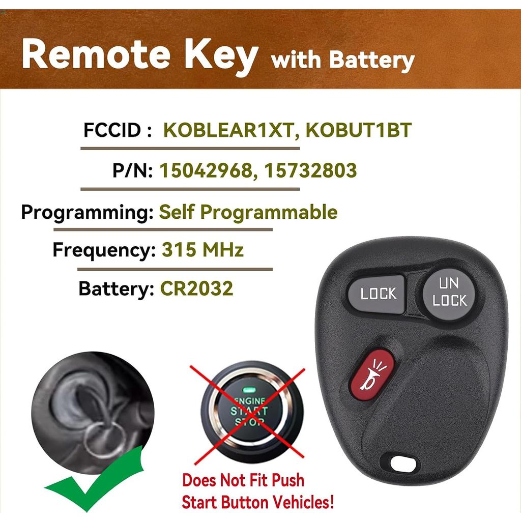 2PCS Key Fob for 1998-2002 Chevrolet Chevy Silverado Suburban Tahoe GMC Yukon Sierra Oldsmobile Fit for Car Owner Replace or Spare Key KOBLEAR1XT