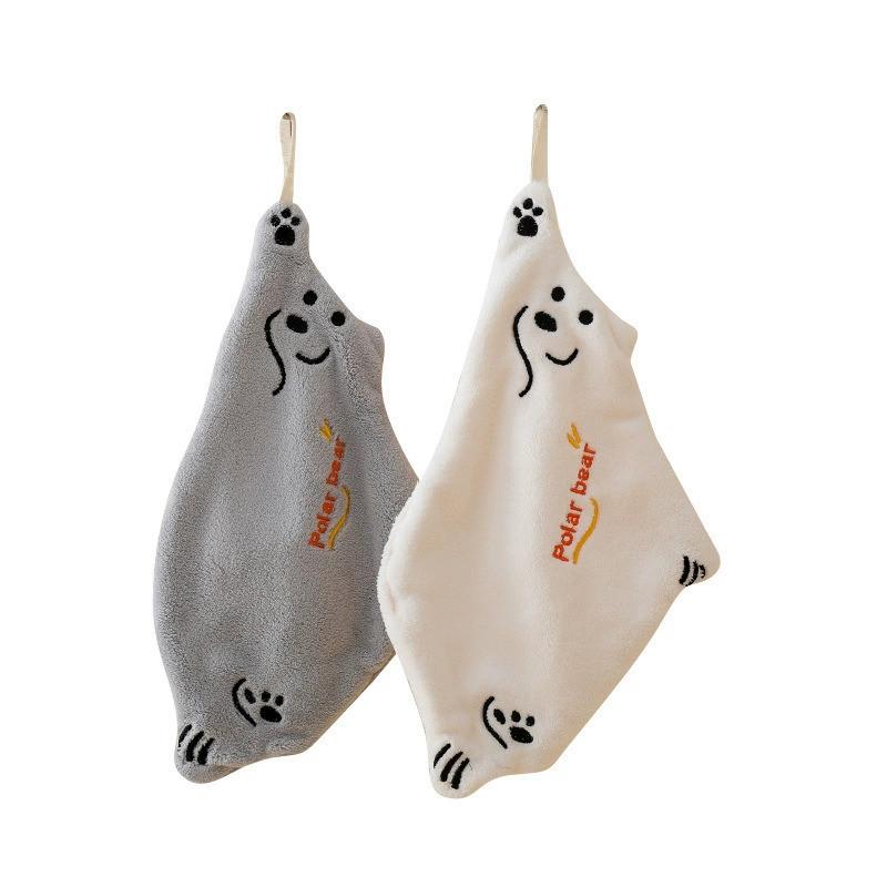 

2pcs Coral Fleece Hanging Hand Towel Super Absorbent Thick Cartoon Design With Details Ideal For Kitchen Use White*1+Gray*1