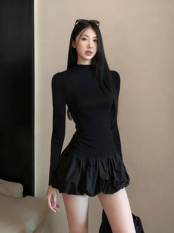 

Stylish Black Long-Sleeve Puff Skirt Dress - Slim Fit & Cinched Waist for Autumn Medium чёрный