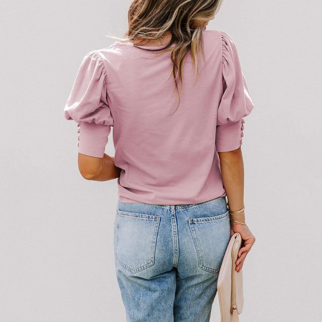 Women's Short Sleeve T-Shirt Round Neck Solid Colour Button Pullover Blouse Top Casual Undershirt