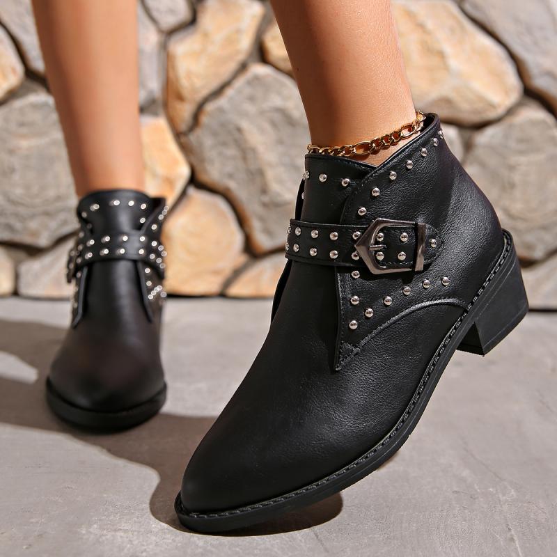 Fashion Punk Metal Rivet Buckle Pu Street Chelsea Boots Women 2025 Winter Pointed Toe Medium Heel Ankle Boots Fashion Warm Cotton Shoes