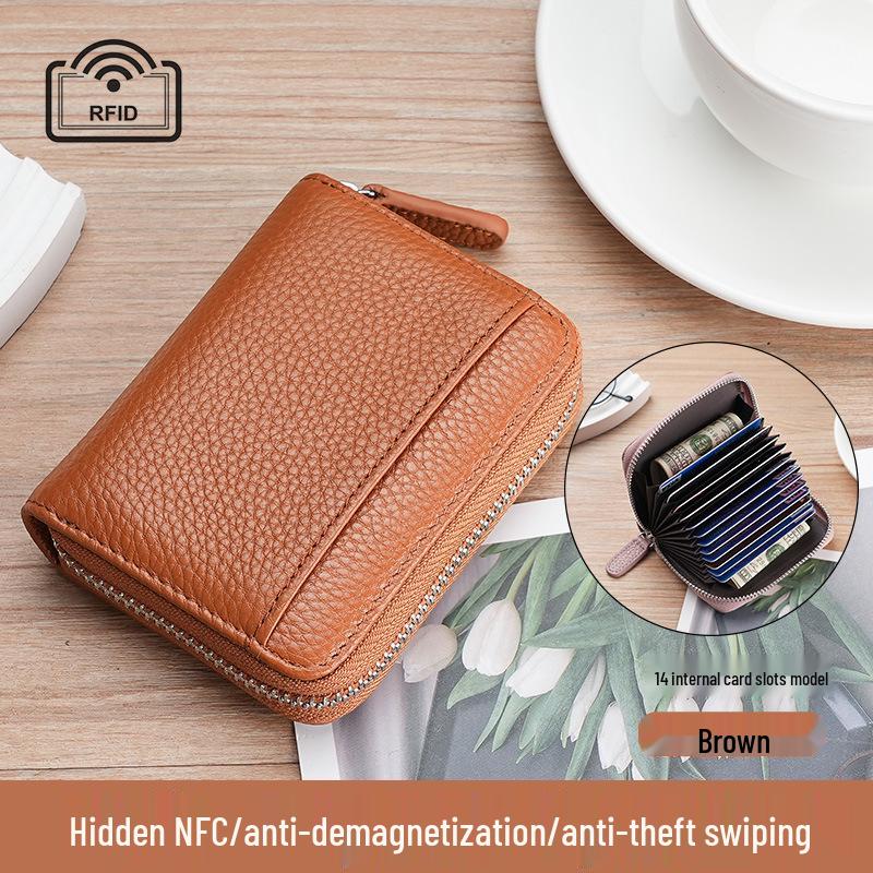 Women's Genuine Leather Zipper Card Holder - Anti-Demagnetization Multi-Slot Accordion Style