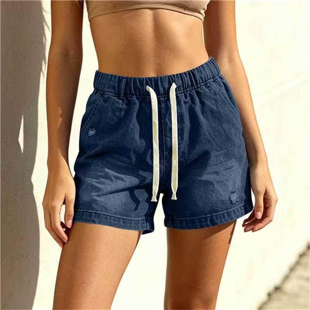 Women's Casual Distressed Denim Shorts with Elastic Drawstring Waist Relaxed Fit Three Inch Inseam Lightweight Summer Bottoms