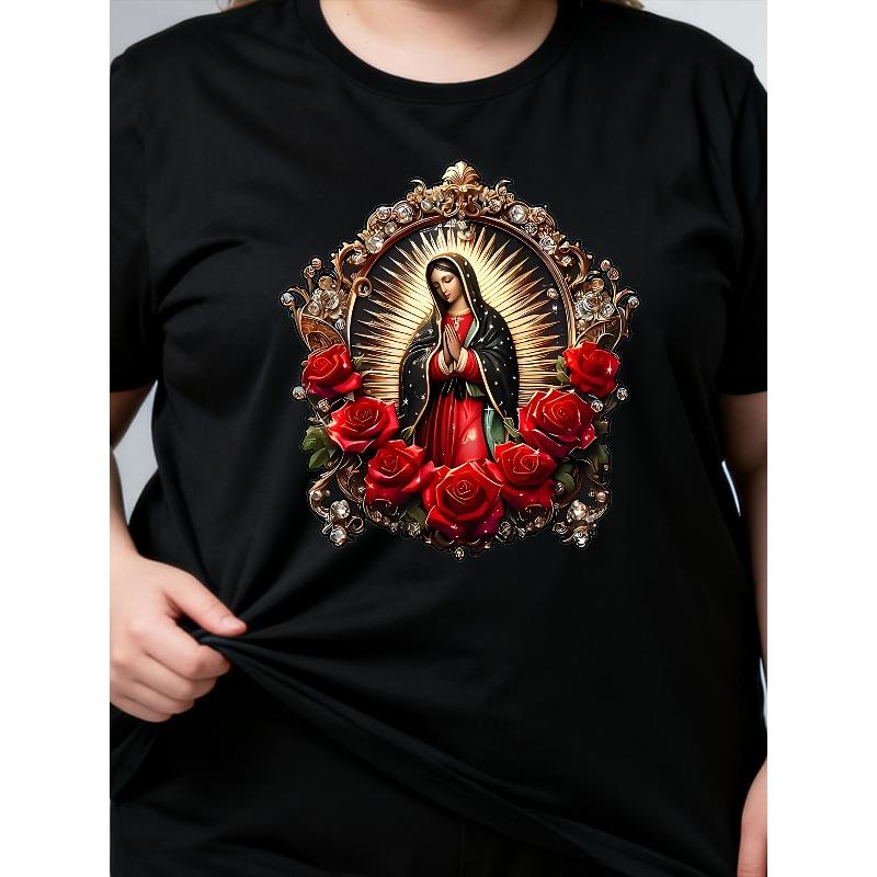 European Size Women's Virgin Mary & Roses Print T-Shirt -Catholic Religious Short Sleeve Round Neck Blouse, Spring Summer Casual Top for Church Events