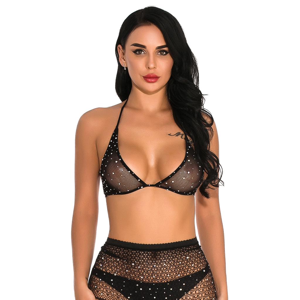 Rhinestone Bikini Set Pantyhose Fishnet Pants Hollow Out Rhinestones Lingerie Babydoll Lingerie Set