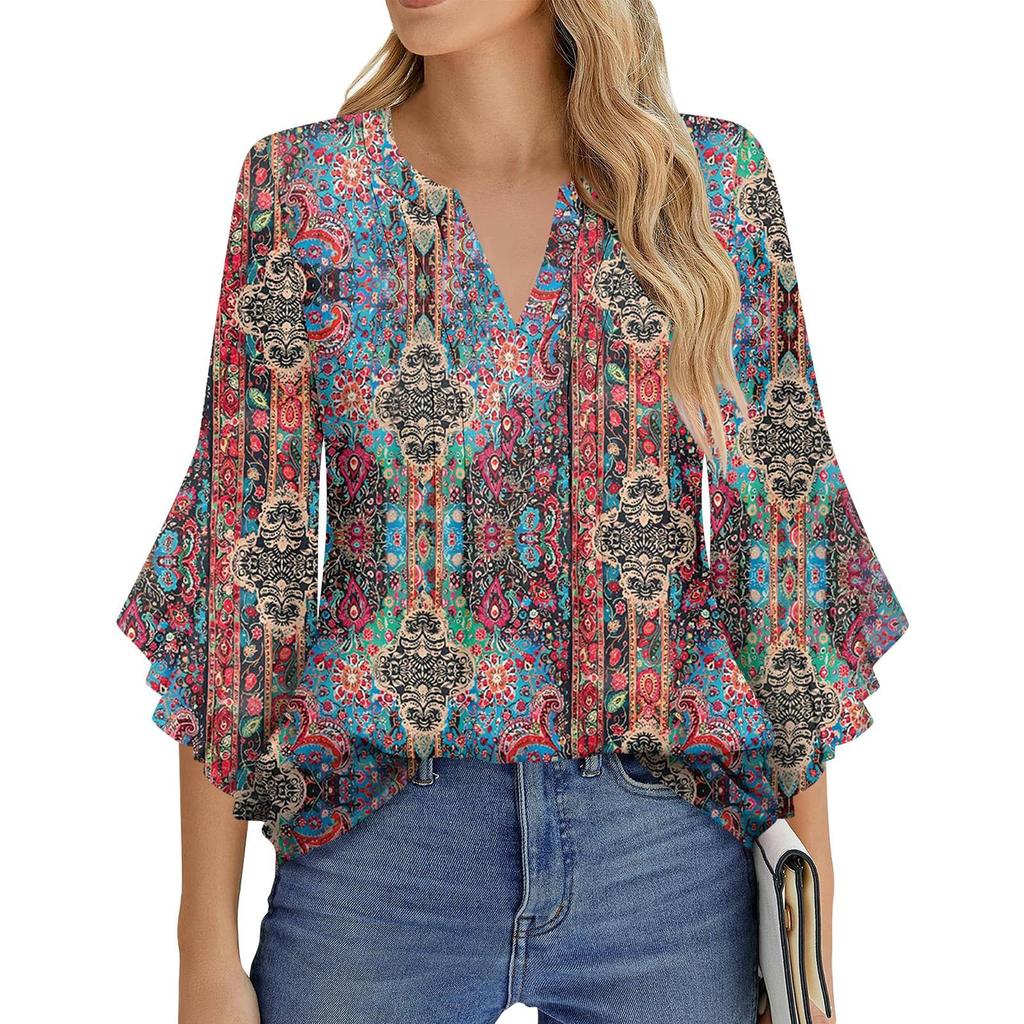 Dámská móda Ležérní plisované tričko s výstřihem do V, jednobarevné, tříčtvrteční rukáv, elegantní top