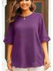 Plus Size Women's Ice Silk Pleated Ruffle Top with Flare Sleeves and Round Neck.