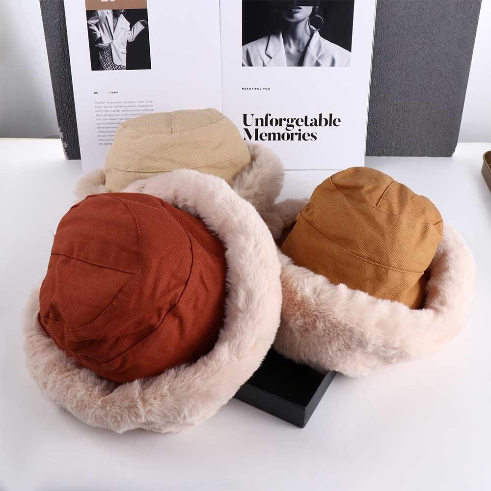 Girl Thick Japanese Winter Warm Wide Brim Plush Bucket Hat Women Hat Korean Style Beanies Woolen