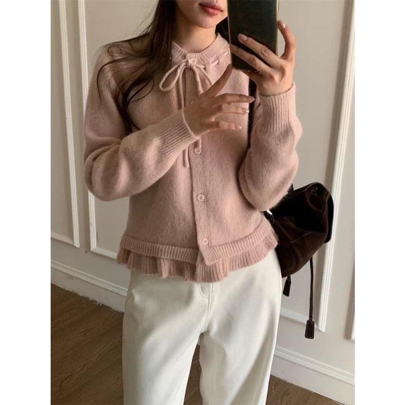 

Осень и зима новый повседневный мягкий восковой свитер куртка воротник на кулиске грибной подол вязаный кардиган женский average size розовый