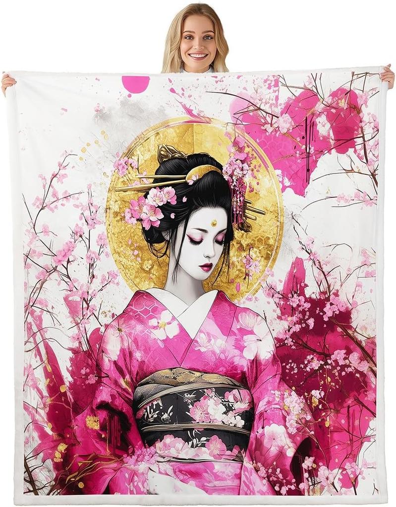 Japanisches Geisha-Mädchen ÜberwurfdeckeRosa Lila Blumenmuster DeckenMond Sternenhimmel Nacht Fleece Decke für Kinder Mädchen Frau Erwachsenen