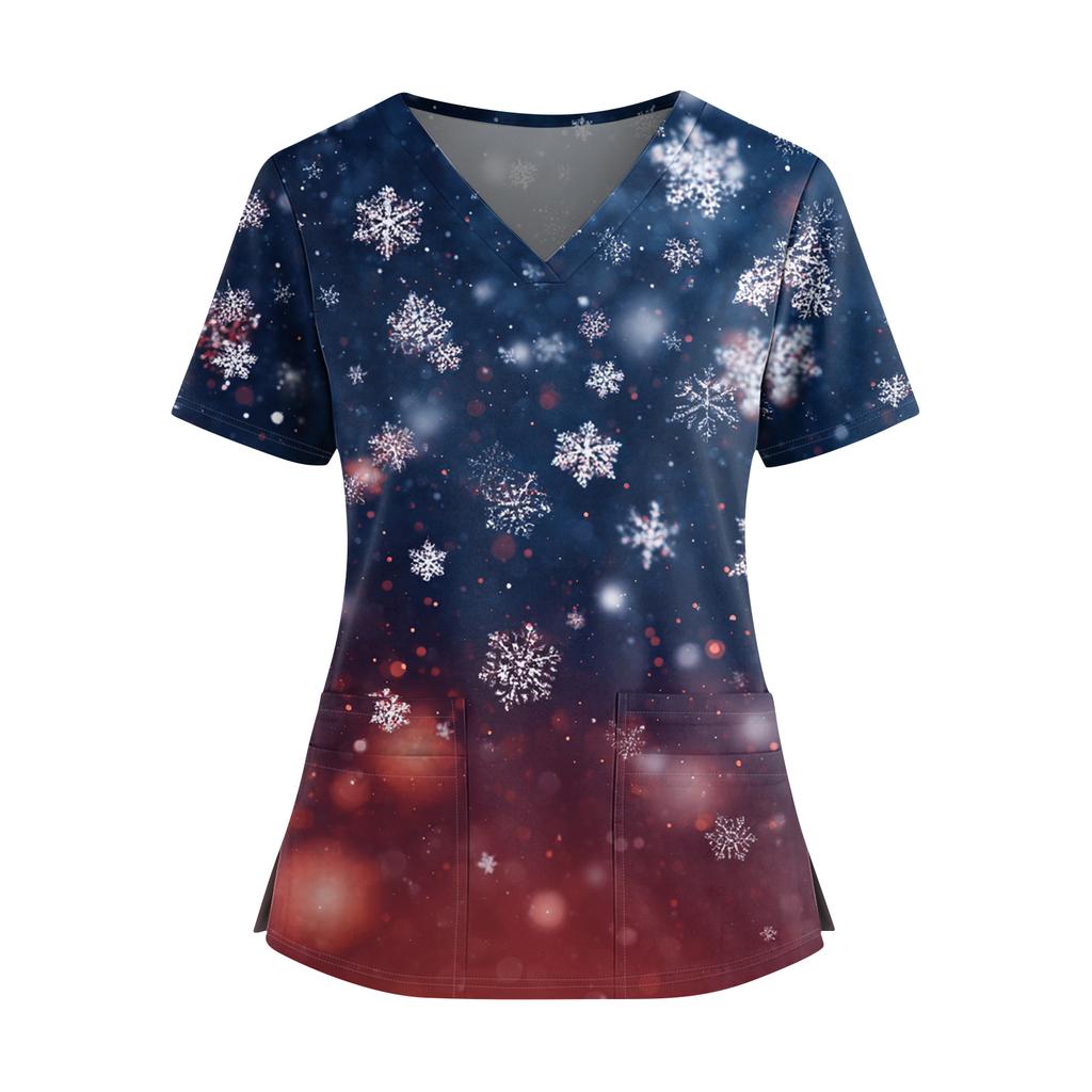 Women's Christmas Printed V-Neck Double Pocket Short Sleeves Hem Slit  Uniform Caregiver Top