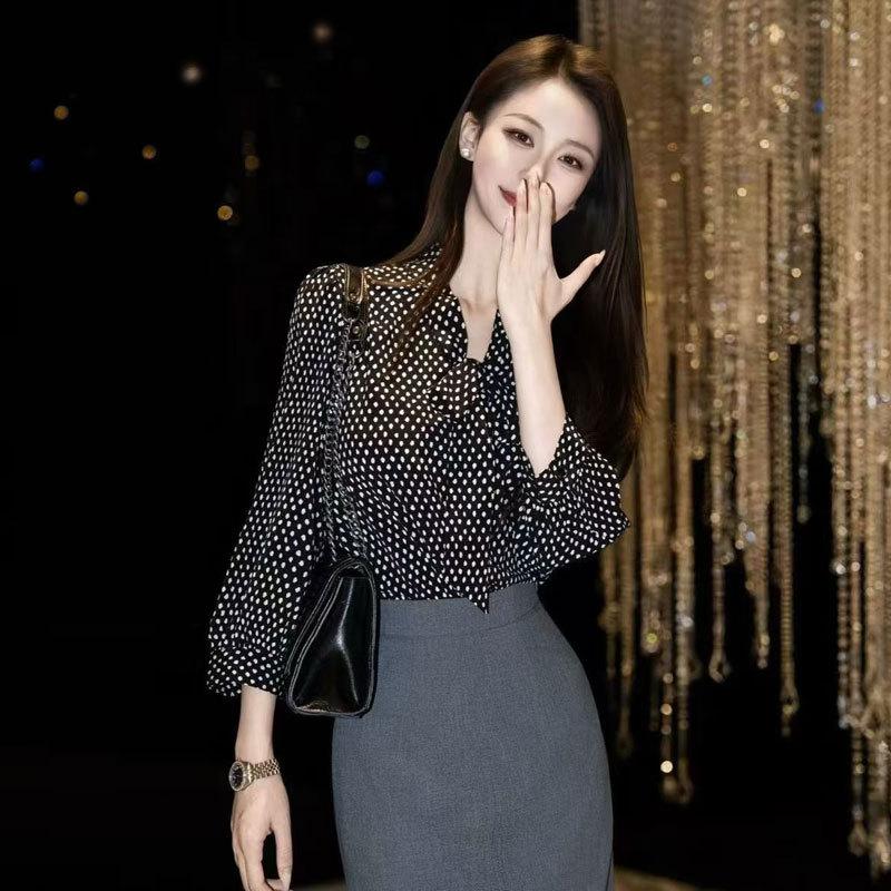 Mall 1116 Spring and Summer Loose Temperament Versatile V-Neck Ribbon Polka Dot Printed Medium Sleeve Shirt 111176