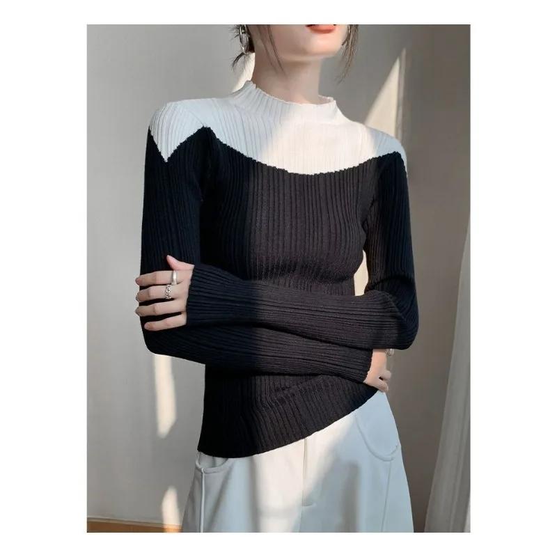 

Осень и Зима Новый Дизайн Вязаный Свитер Нишевый Полу-водолазка Женский Облегающий Топ Базовая Рубашка S чёрный