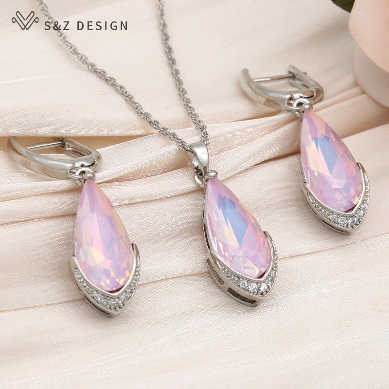 Fashion Water Drop Crystal Dangle Earrings Jewelry Sets For Women Rose Gold Color Zirconia Wedding Necklace
