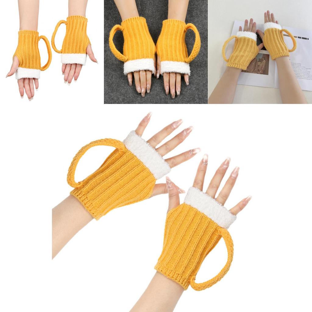 Unique 3d Design Yellow Fingerless Gloves For Winter Beer Lovers Cozy And Stylish